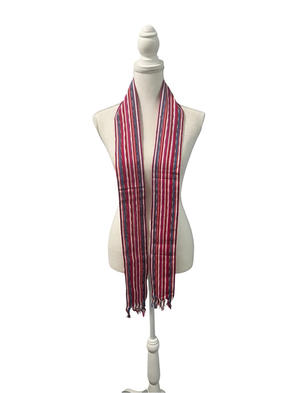 Artisan Woven Multicolored Vertical Stripes Scarf Sash Belt Fringe Guatemala